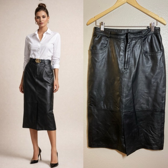 MODA A’PARTENIA Dresses & Skirts - MODA A'PARTENIA VINTAGE BLACK LEATHER MIDI SKIRT.size 40 EU